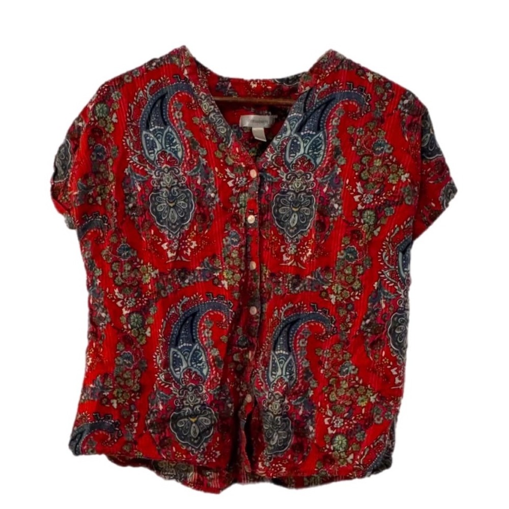 Dressbarn Button Front Blouse Womens Large Red Paisley Excellent Short Sleeve